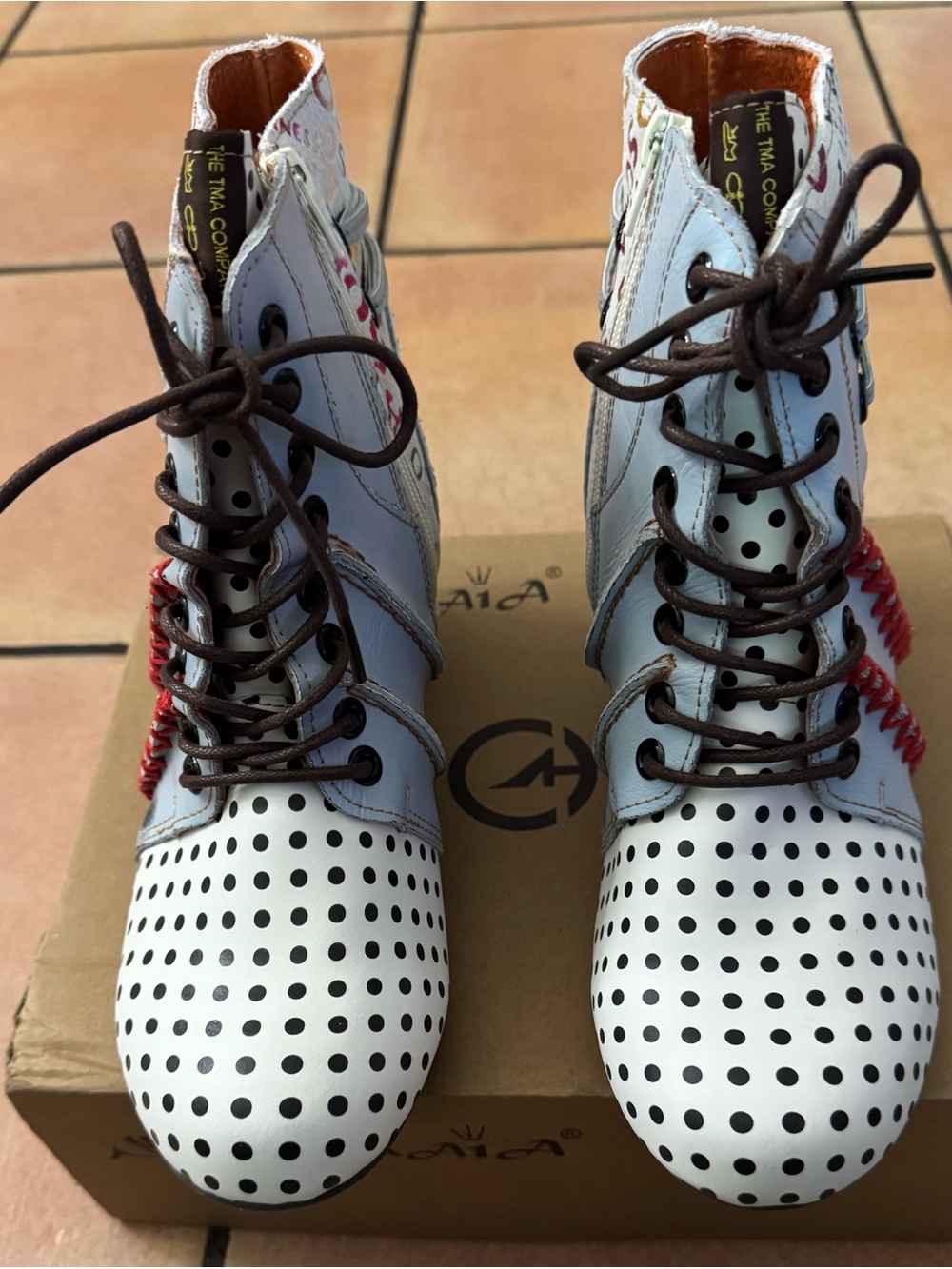 MAIA TMA Eyes Polka dot Ankle Boots Leather Multicolor Round Toe Lace Up